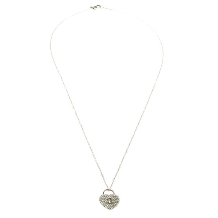 Pre Owned Tiffany & Co. Heart Lock Diamond Paved Platinum Pendant & 18k White Gold Chain Necklace
