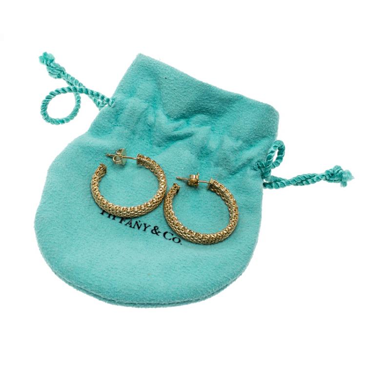 Pre Owned Tiffany & Co Somerset Mesh Woven 18k Yellow Gold Hoop Earrings