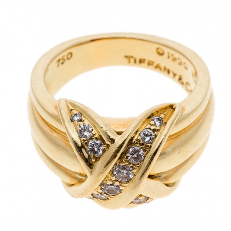 Pre Owned Tiffany & Co. Signature X Kiss Diamond & 18k Yellow Gold Ring Size 53