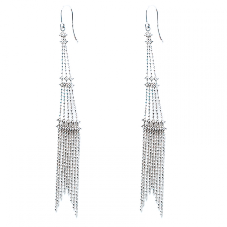 Pre Owned Tiffany & Co. Beaded Fringe Tower 18k White Gold Long Hook Earrings