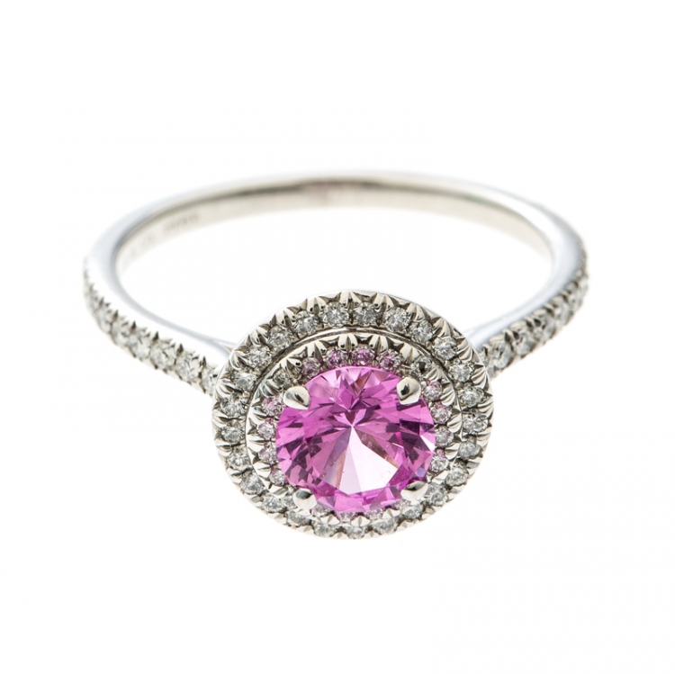 Pre Owned Tiffany & Co. Soleste Pink Sapphire Diamond Platinum Halo Ring Size 54