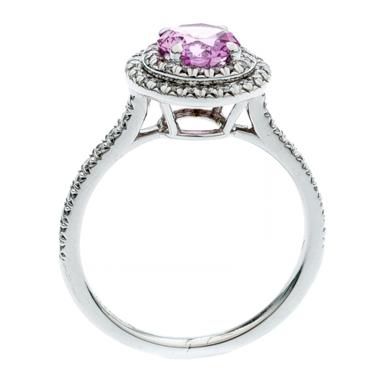 Pre Owned Tiffany & Co. Soleste Pink Sapphire Diamond Platinum Halo Ring Size 54