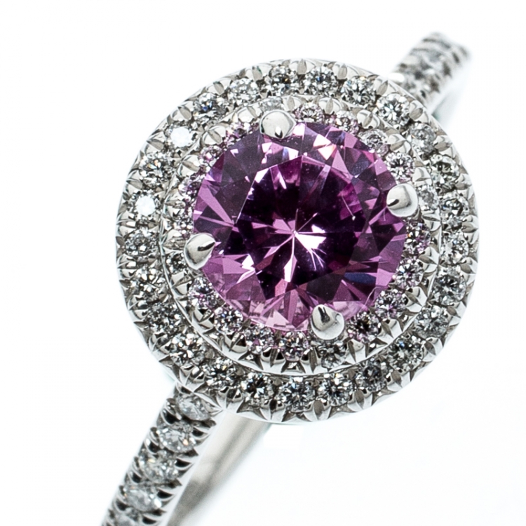 Pre Owned Tiffany & Co. Soleste Pink Sapphire Diamond Platinum Halo Ring Size 54