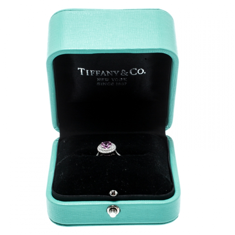 Pre Owned Tiffany & Co. Soleste Pink Sapphire Diamond Platinum Halo Ring Size 54