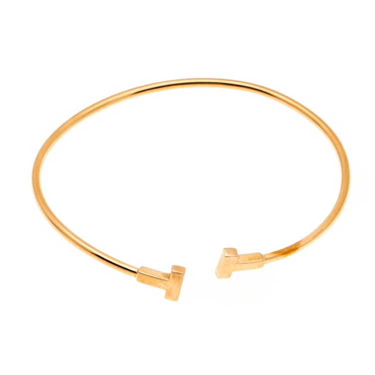 Pre Owned Tiffany & Co. T Wire 18k Rose Gold Narrow Bracelet 16cm