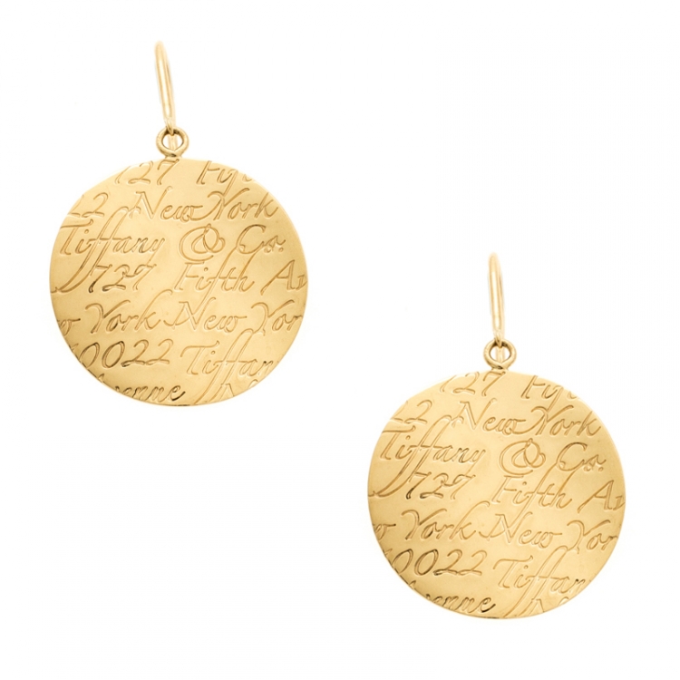 Pre Owned Tiffany & Co. Tiffany Notes Engraved 18k Yellow Gold Round Hook Earrings