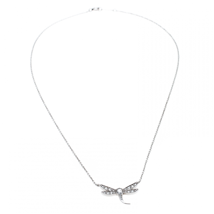 Pre Owned Tiffany & Co. Garden Dragonfly Diamond Platinum Pendant Necklace
