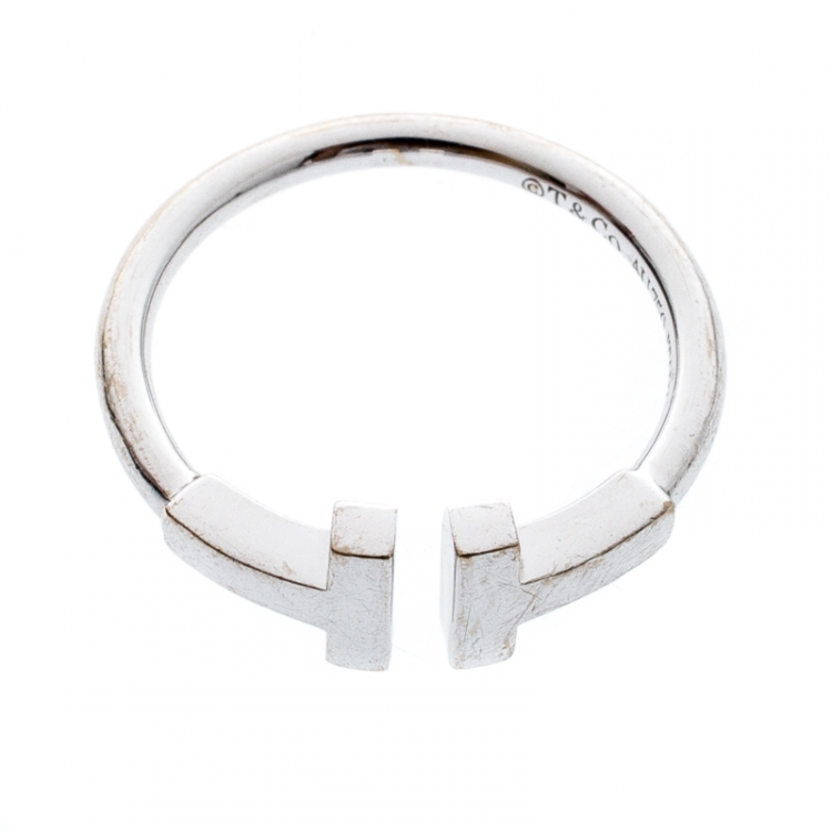 Pre Owned Tiffany & Co. T Wire 18k White Gold Open Ring Size 50
