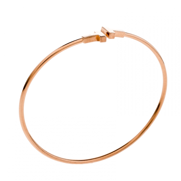 Pre Owned Tiffany & Co. T Wire 18k Rose Gold Narrow Bracelet 17cm