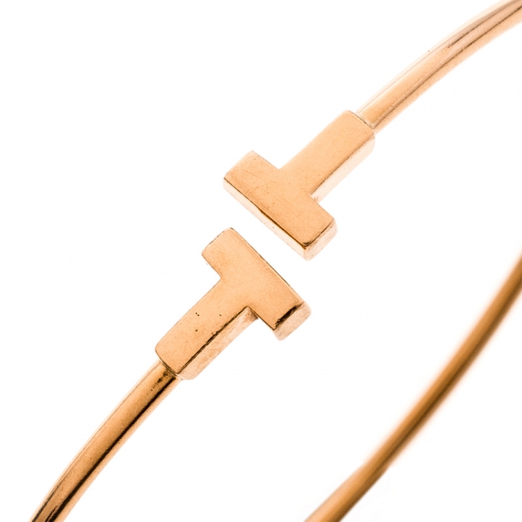 Pre Owned Tiffany & Co. T Wire 18k Rose Gold Narrow Bracelet 17cm