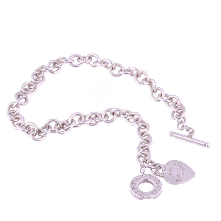 Pre Owned Tiffany & Co. Heart Tag Charm Silver Chain Toggle Necklace