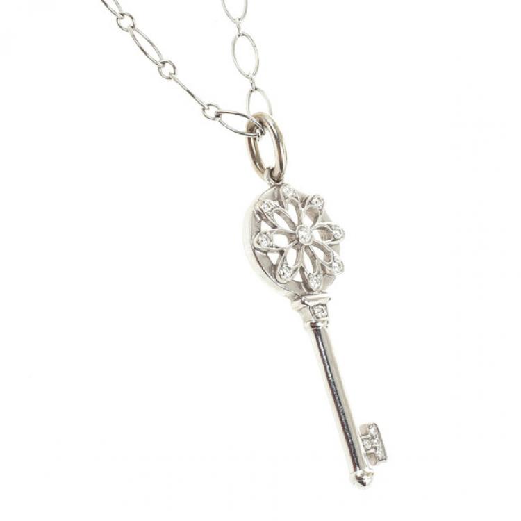 Pre Owned Tiffany & Co. Floral Key Pendant & 18K White Gold Chain