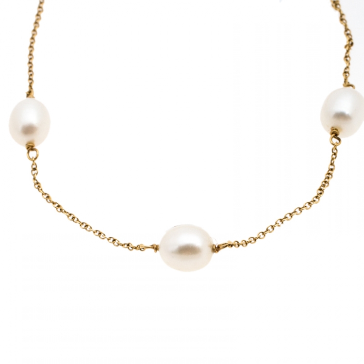 Pre Owned Tiffany & Co. Cultured Pearl 18k Yellow Gold Station Bracelet