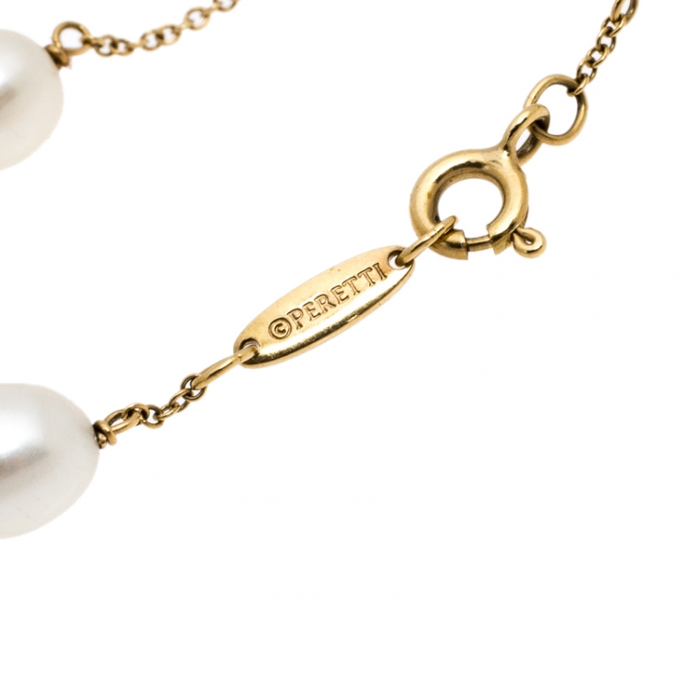 Pre Owned Tiffany & Co. Cultured Pearl 18k Yellow Gold Station Bracelet