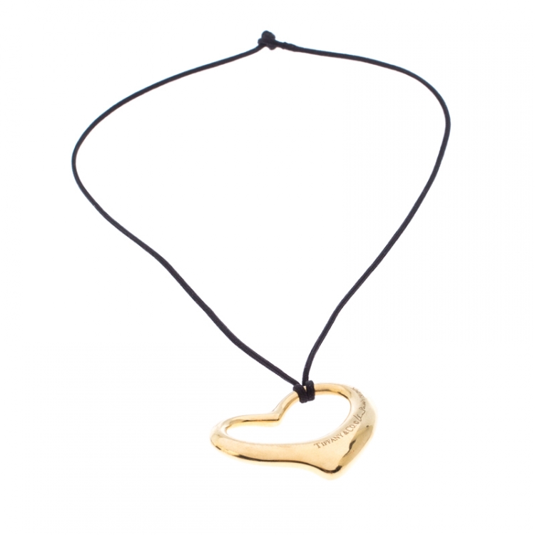 Pre Owned Tiffany & Co. Open Heart 18K Yellow Gold Black Cord Pendant Necklace