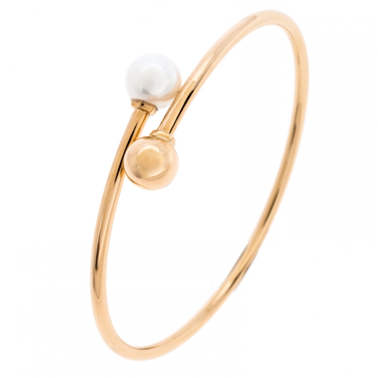 Pre Owned Tiffany & Co. HardWear Cultured Pearl 18K Rose Gold Ball Bypass Bracelet 