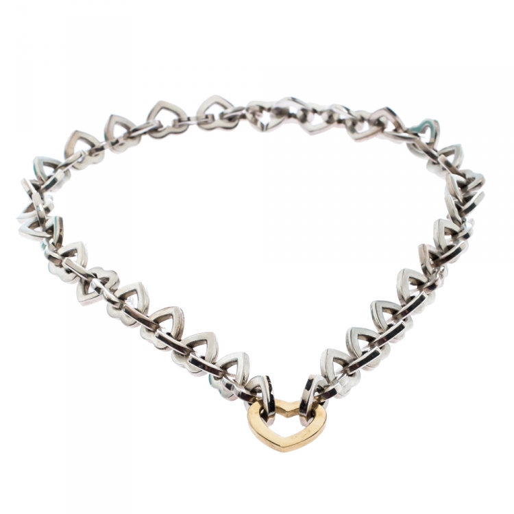 Pre Owned Tiffany & Co. Heart Link 18K Yellow Gold & Silver Necklace