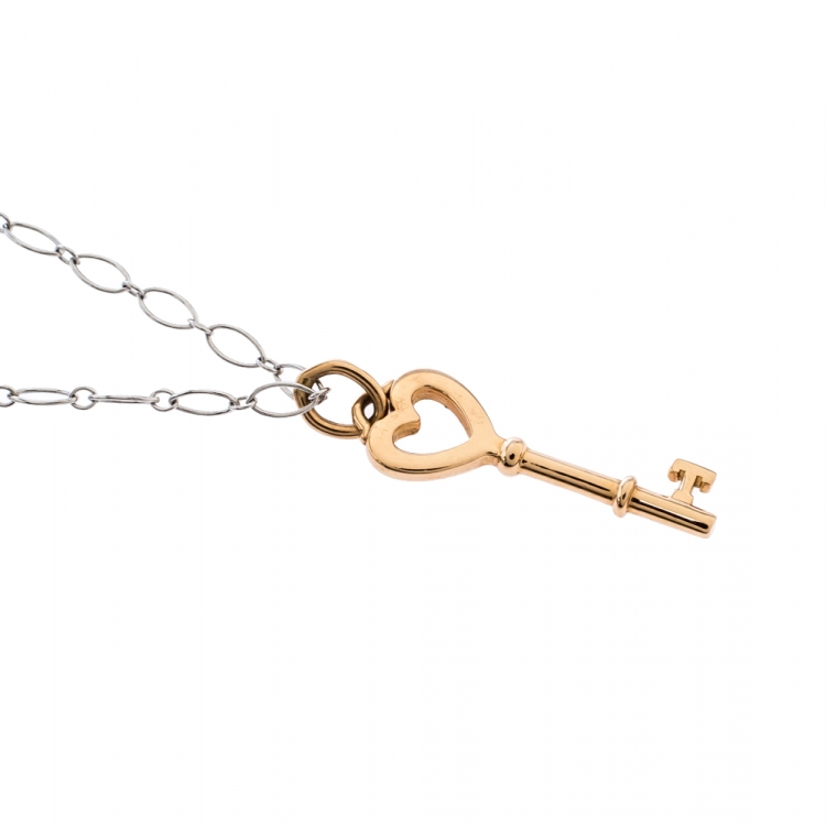 Pre Owned Tiffany & Co. Heart Key 18K Rose Gold Mini Pendant & 18K White Gold Chain Necklace