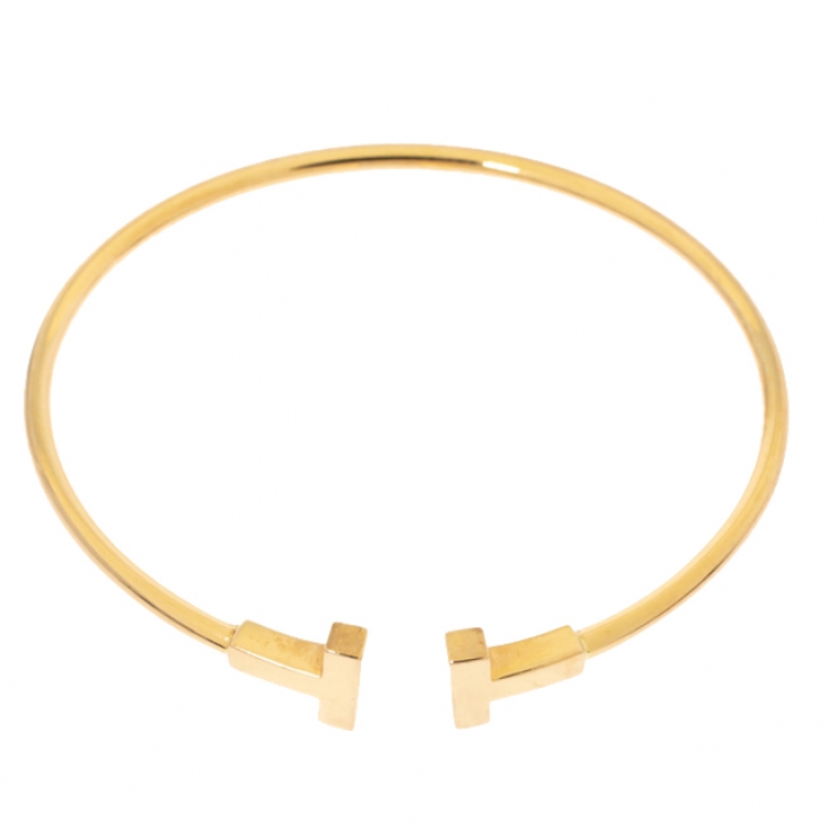 Pre Owned Tiffany & Co. T Wire 18K Yellow Gold Narrow Open Bracelet 