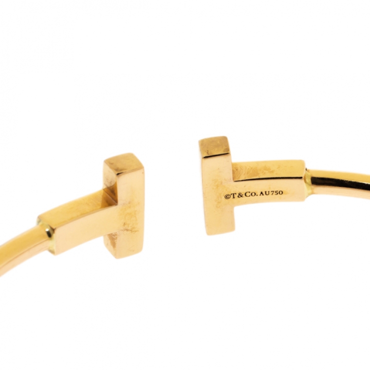 Pre Owned Tiffany & Co. T Wire 18K Yellow Gold Narrow Open Bracelet 