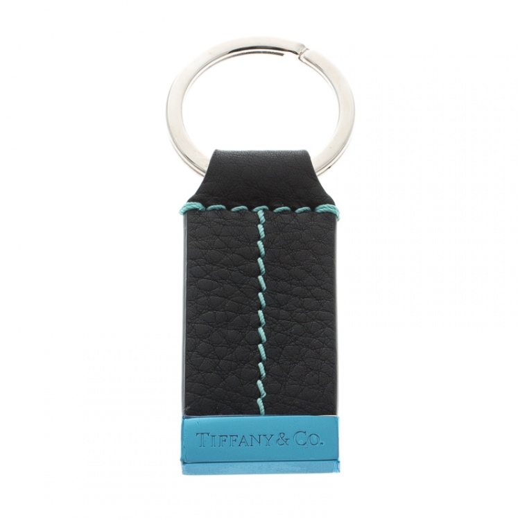 Pre Owned Tiffany & Co. Black Grain T Stitch Leather Key Ring