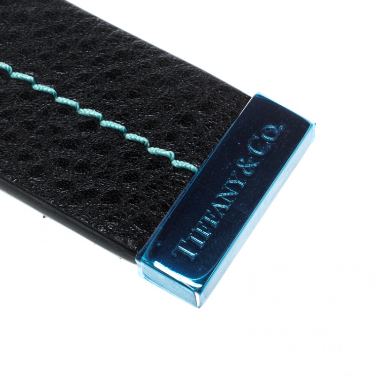 Pre Owned Tiffany & Co. Black Grain T Stitch Leather Key Ring