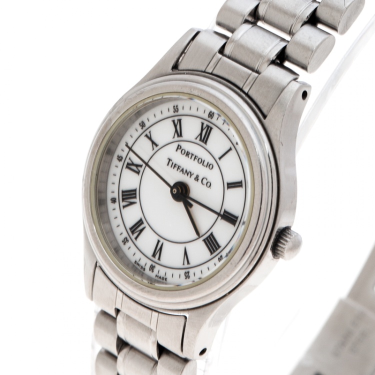 Pre Owned Tiffany & Co. White Stainless Steel Portfolio Women's Wristwatch 24 mm