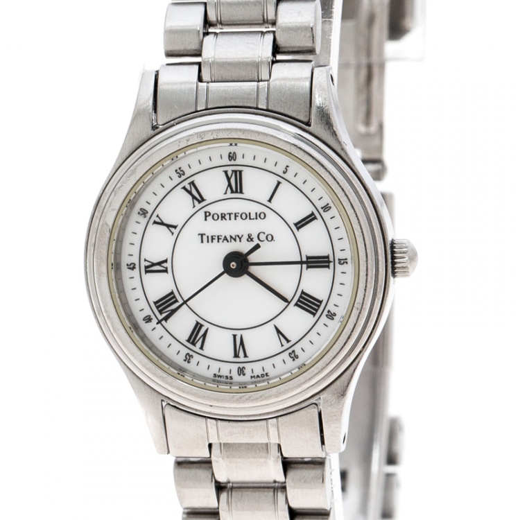 Pre Owned Tiffany & Co. White Stainless Steel Portfolio Women's Wristwatch 24 mm