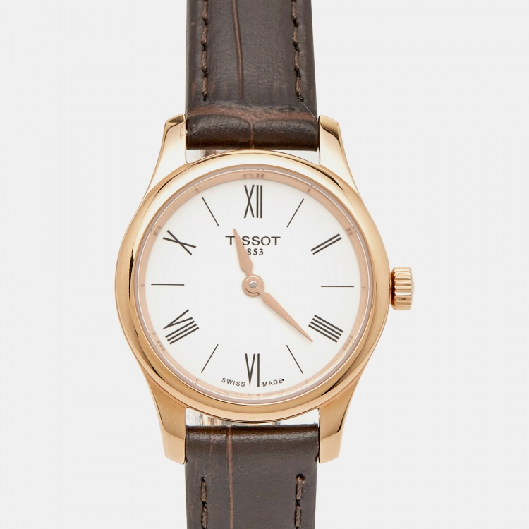 Pre Owned Tissot White Rose Gold Plated Stainless Steel Embossed Leather Tradition 5.5 T063.009.36.018.00 Women's Wriswatch 25 mm