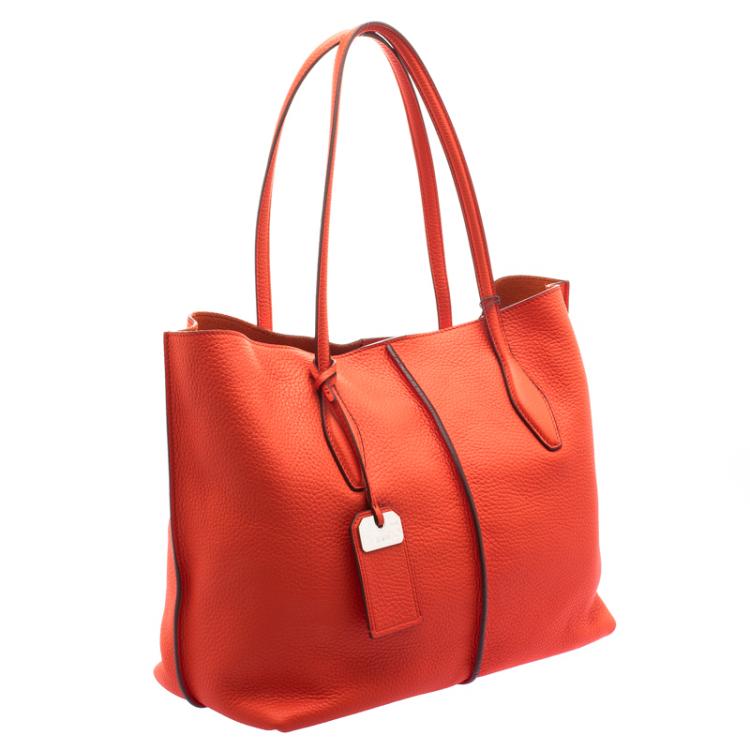Pre Owned Tod's Neon Orange Leather Medium Joy Tote