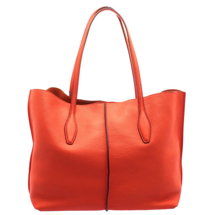 Pre Owned Tod's Neon Orange Leather Medium Joy Tote