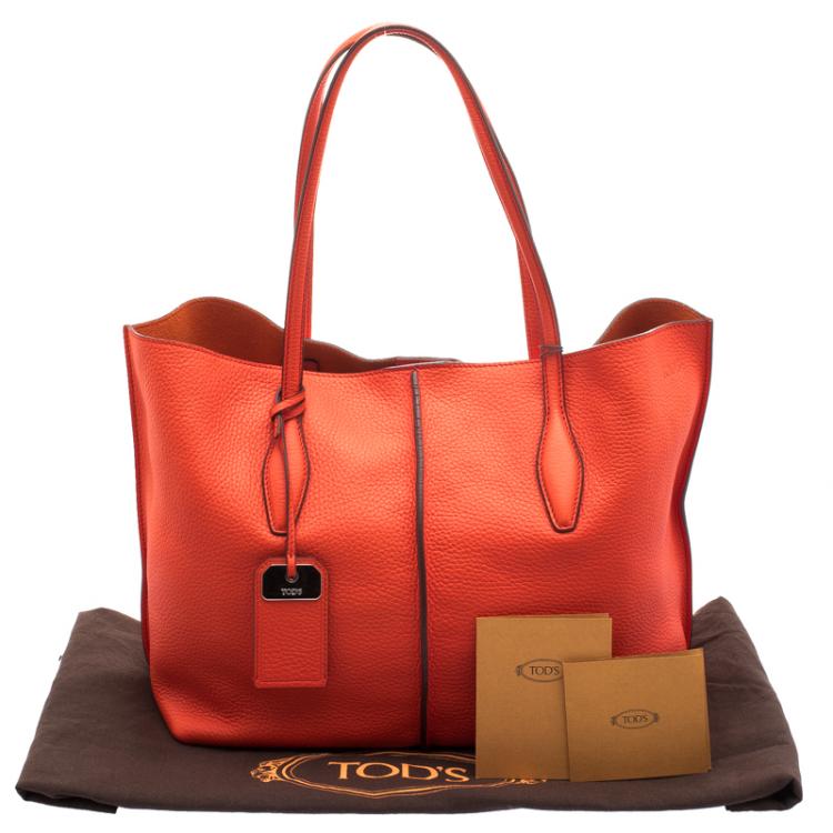 Pre Owned Tod's Neon Orange Leather Medium Joy Tote
