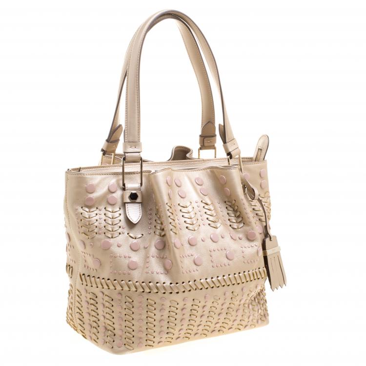 Pre Owned Tod's Metallic Beige Leather Small Studded Flower Tote