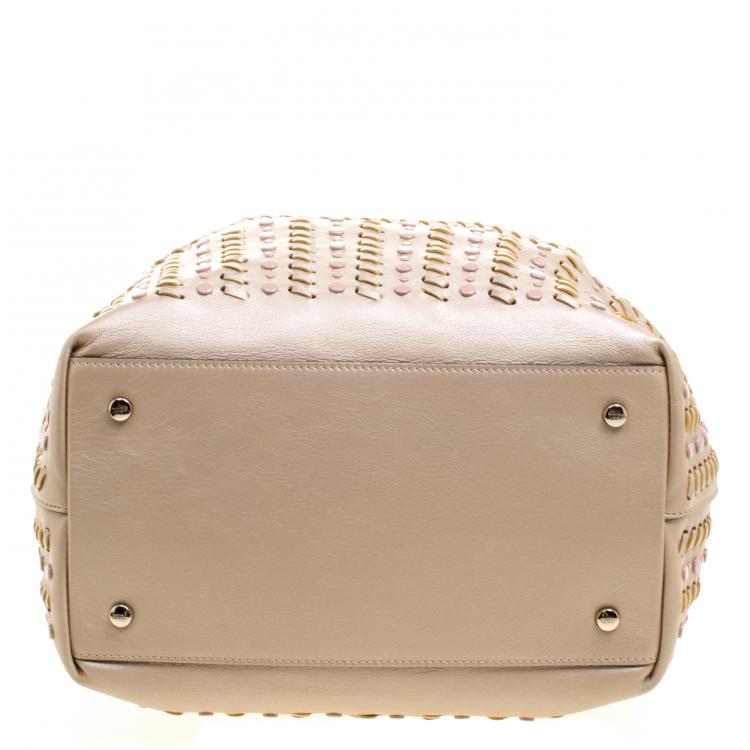 Pre Owned Tod's Metallic Beige Leather Small Studded Flower Tote