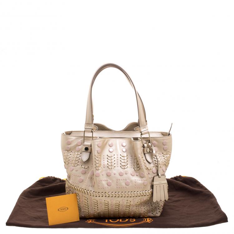 Pre Owned Tod's Metallic Beige Leather Small Studded Flower Tote