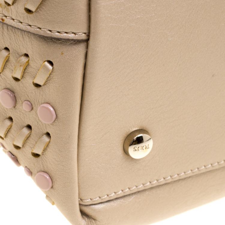 Pre Owned Tod's Metallic Beige Leather Small Studded Flower Tote