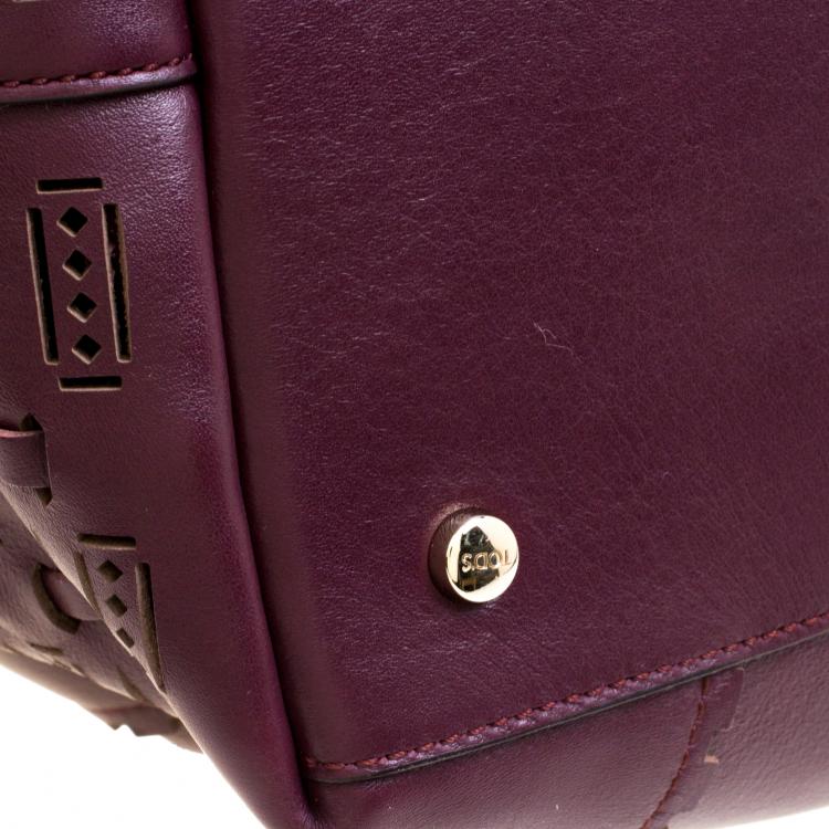 Pre Owned Tod's Burgundy Laser Cut Leather Medium Flower Tote