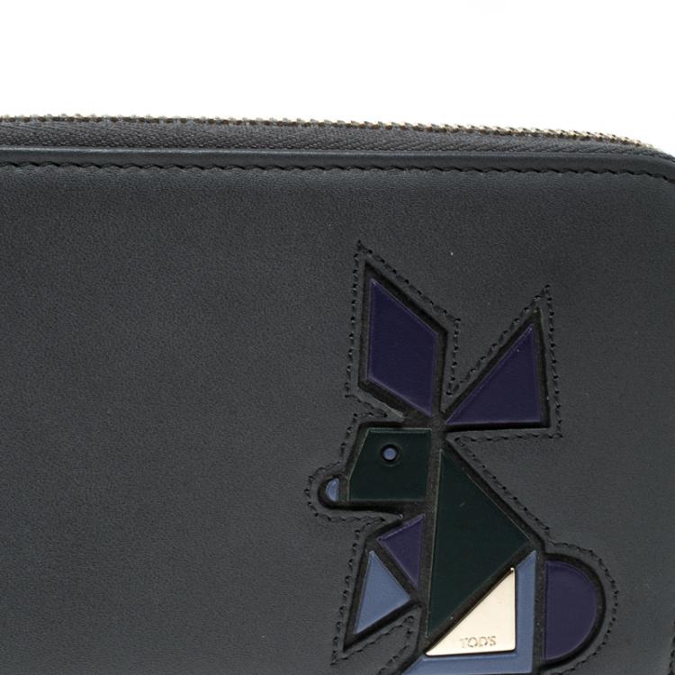 Pre Owned Tod's Black Leather Zip Around Rabbit Continental Wallet