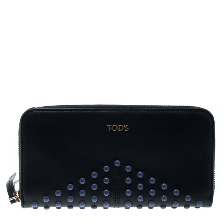 Pre Owned Tod's Navy Blue Leather Zip Around Studded Continental Wallet
