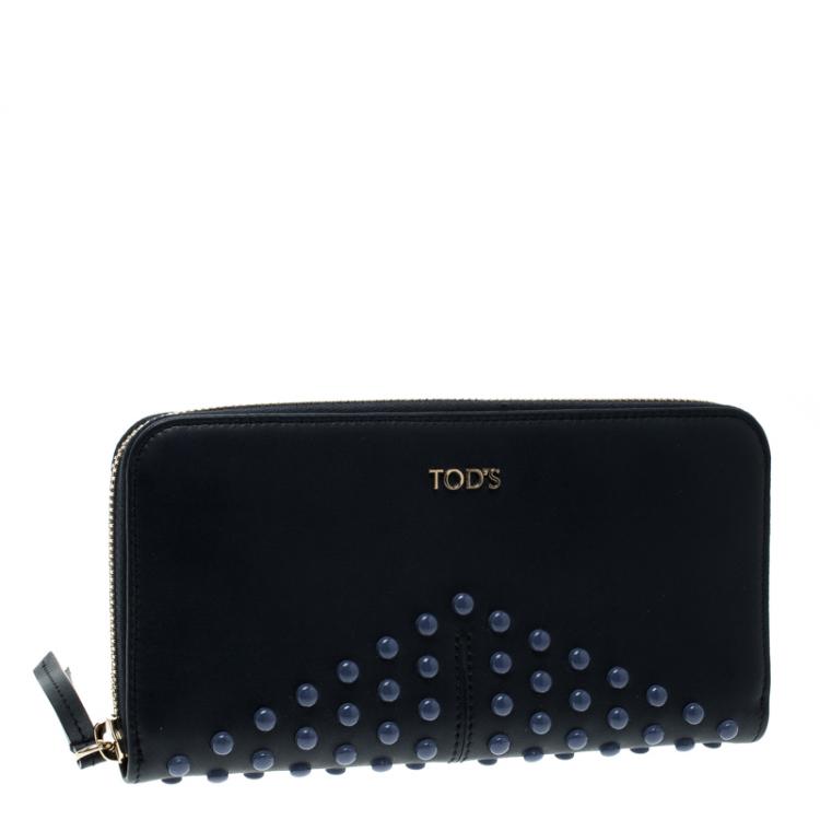 Pre Owned Tod's Navy Blue Leather Zip Around Studded Continental Wallet