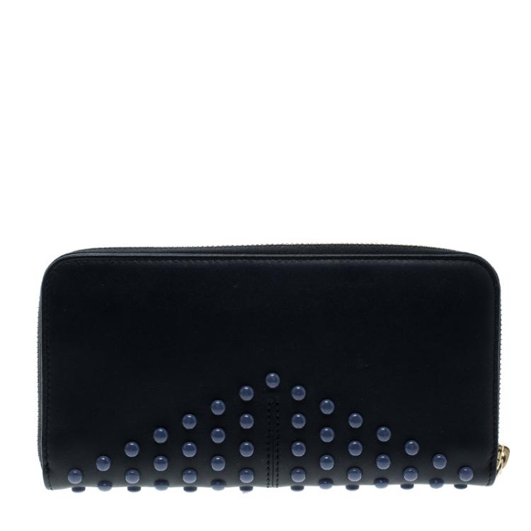 Pre Owned Tod's Navy Blue Leather Zip Around Studded Continental Wallet