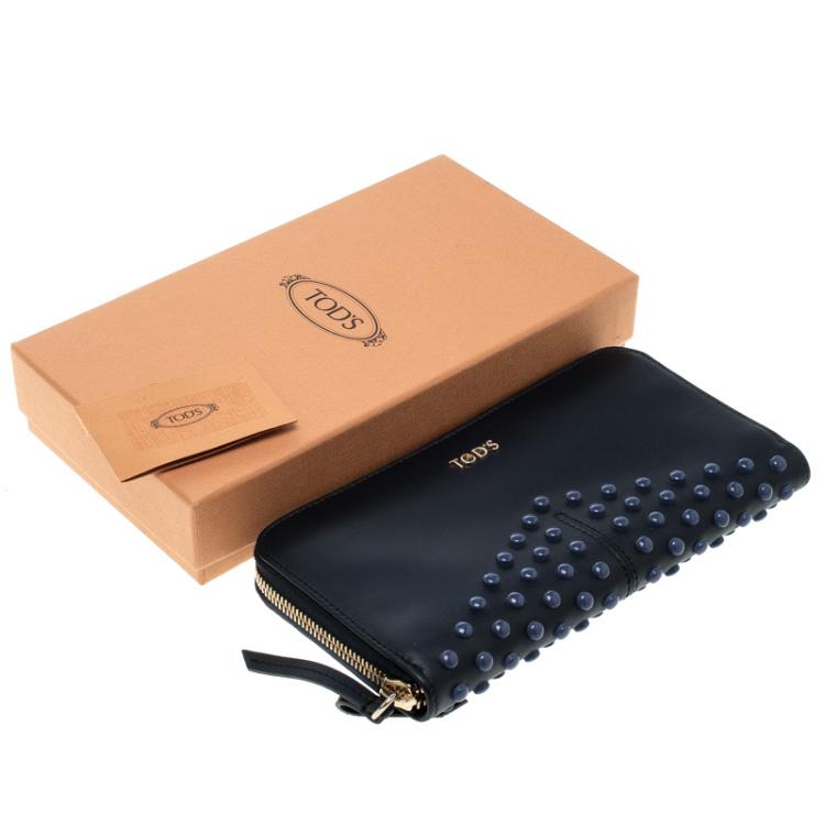 Pre Owned Tod's Navy Blue Leather Zip Around Studded Continental Wallet