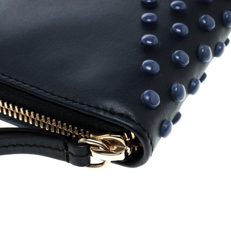 Pre Owned Tod's Navy Blue Leather Zip Around Studded Continental Wallet