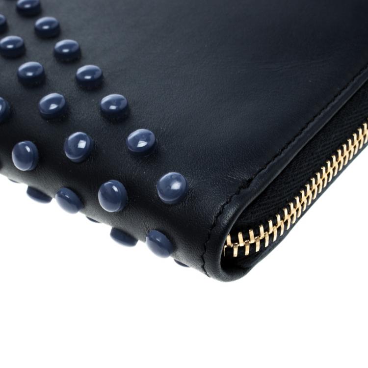 Pre Owned Tod's Navy Blue Leather Zip Around Studded Continental Wallet