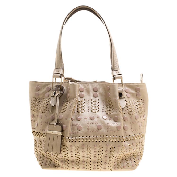 Pre Owned Tod's Metallic Beige Leather Small Studded Flower Tote