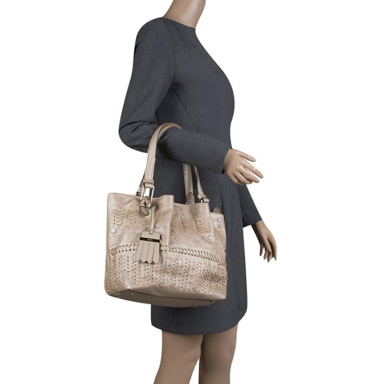 Pre Owned Tod's Metallic Beige Leather Small Studded Flower Tote