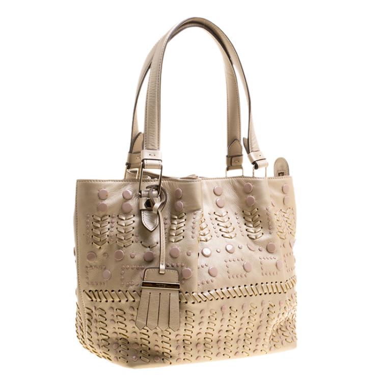 Pre Owned Tod's Metallic Beige Leather Small Studded Flower Tote