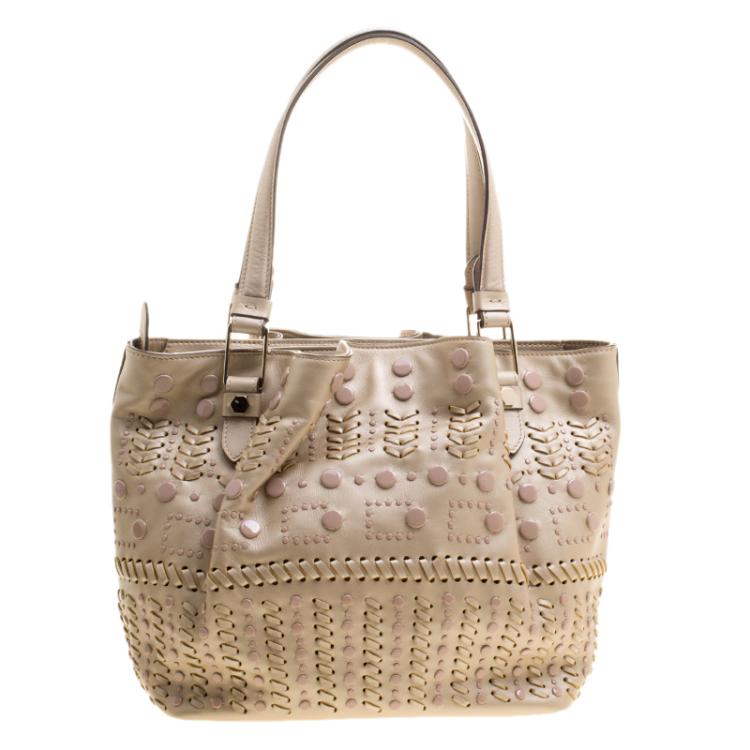 Pre Owned Tod's Metallic Beige Leather Small Studded Flower Tote
