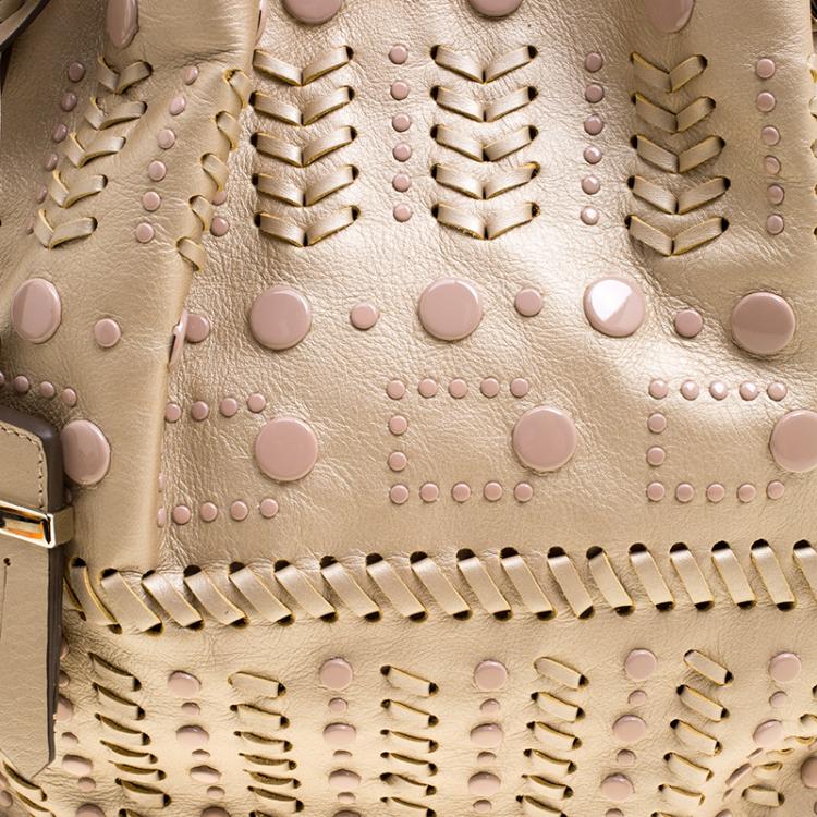 Pre Owned Tod's Metallic Beige Leather Small Studded Flower Tote