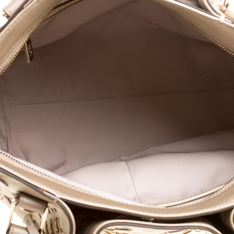Pre Owned Tod's Metallic Beige Leather Small Studded Flower Tote